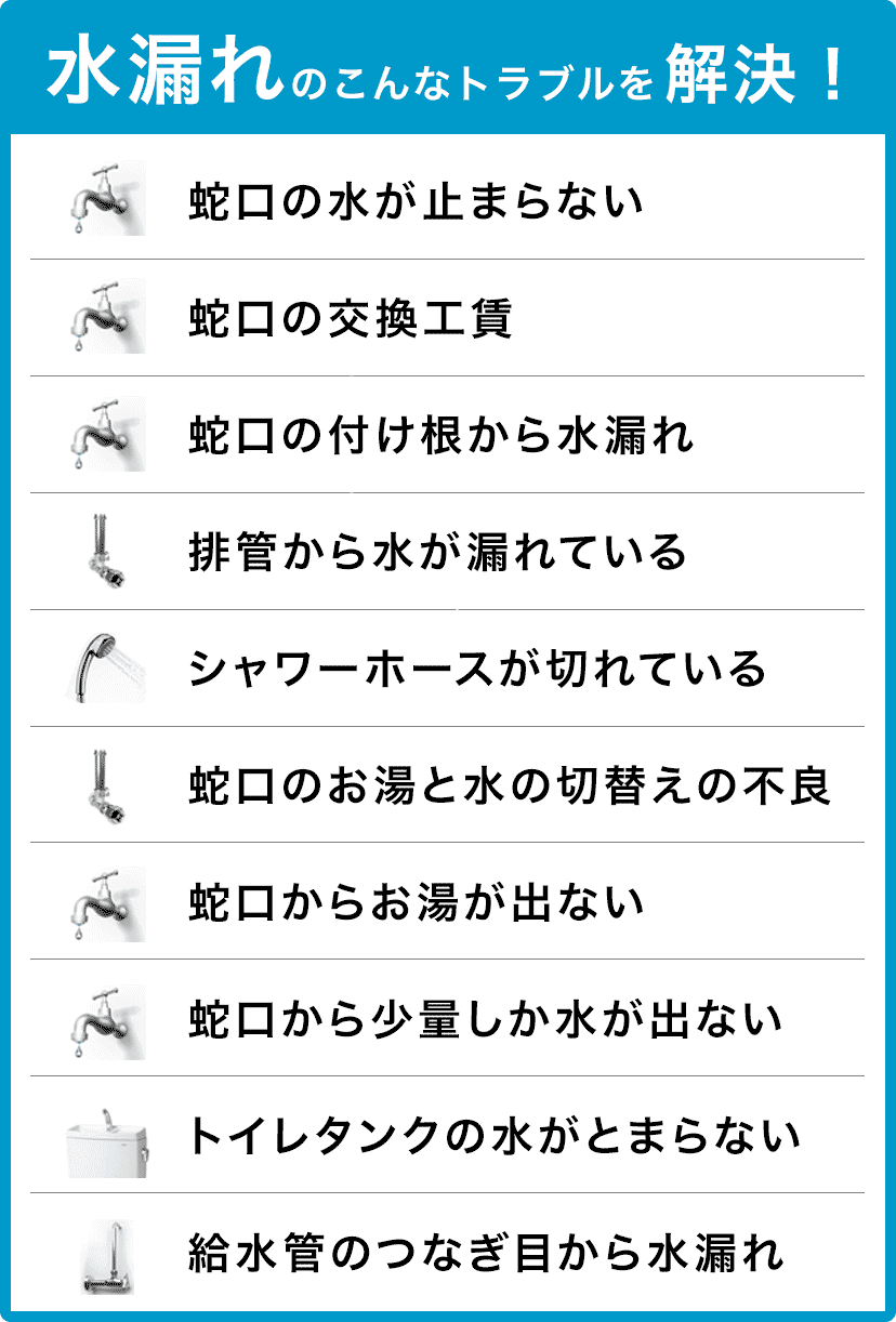 蛇口の水が止まらない・蛇口の交換・蛇口の付け根から水漏れ・配管から水が漏れている・シャワーホースが切れている・蛇口のお湯と水の切り替えの不良・蛇口からお湯が出ない・蛇口から少量しか水が出ない・トイレタンクの水が止まらない・給水管のつなぎ目から水漏れ